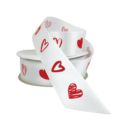 White Satin Ribbon - Woven Edge - 25mm x 25m - Hearts