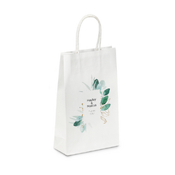 Personalised Wedding Bags - Small White Kraft Bag - Gold/Green Leaf