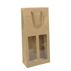 Double Wine Bottle Gift Carry Bags with Clear Window - Kraft Brown