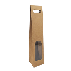 Premium Single Wine Bottle Gift Bags with Clear Window - Kraft Brown