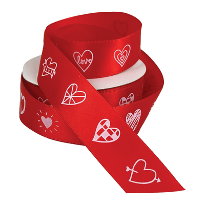 Red Satin Ribbon - Woven Edge - 25mm x 25m - Hearts