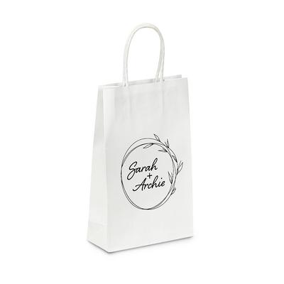 Personalised Wedding Bags - Small White Kraft Bag - Black Wreath 