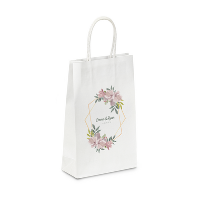 Personalised Wedding Bags - Small White Kraft Bag - Pink Floral