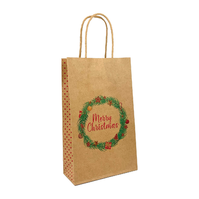 Kraft Bags - Merry Christmas Wreath - Small - Brown