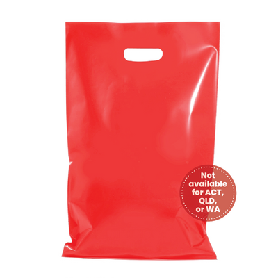 100 x Plastic Carry Bags Large With Die Cut Handle  - LDPE - Glossy Red