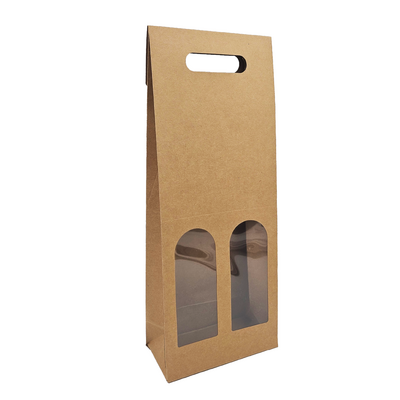 Premium Double Wine Bottle Gift Bags with Clear Window - Brown Kraft